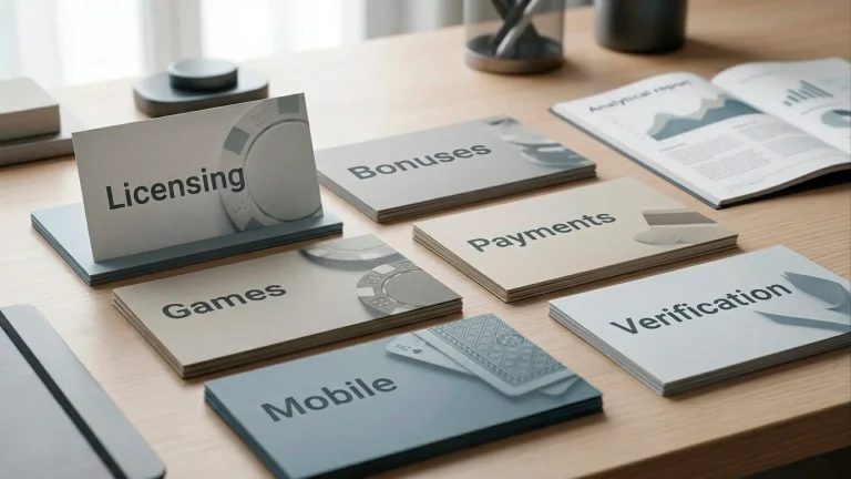 Illustration of question cards about licence bonuses games payments mobile and account checks