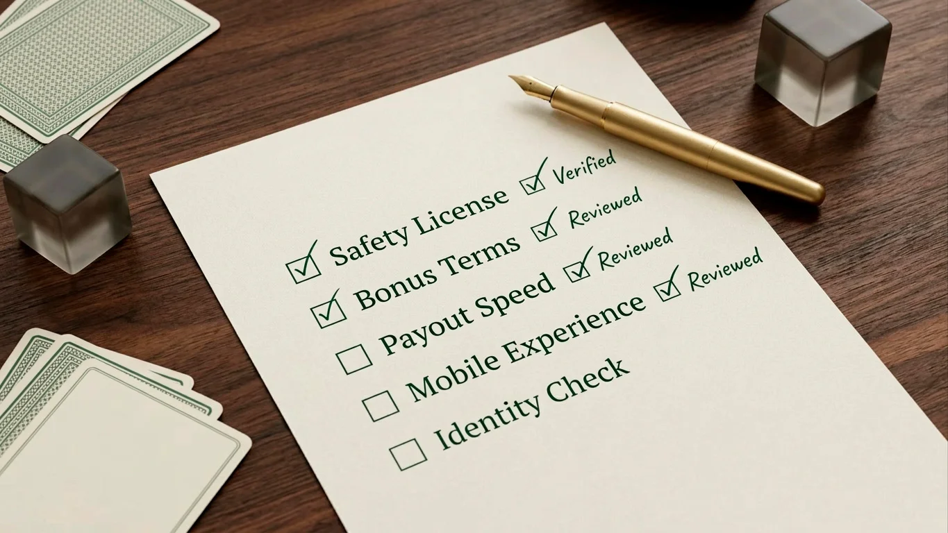Editorial checklist graphic for assessing Fitzdares Casino licence offers payments and mobile use