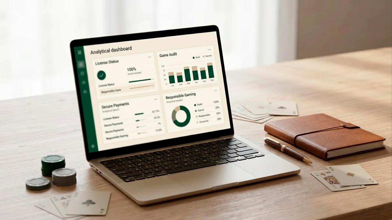 Editorial illustration of a UK casino review dashboard with licence games and payments checks