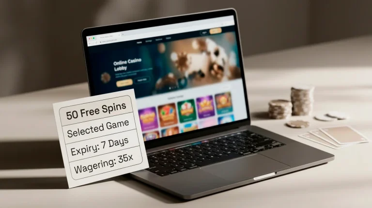 Editorial illustration of a free spins terms card