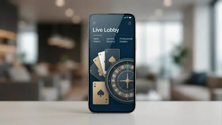 Illustration of live roulette and blackjack cards on a mobile casino screen