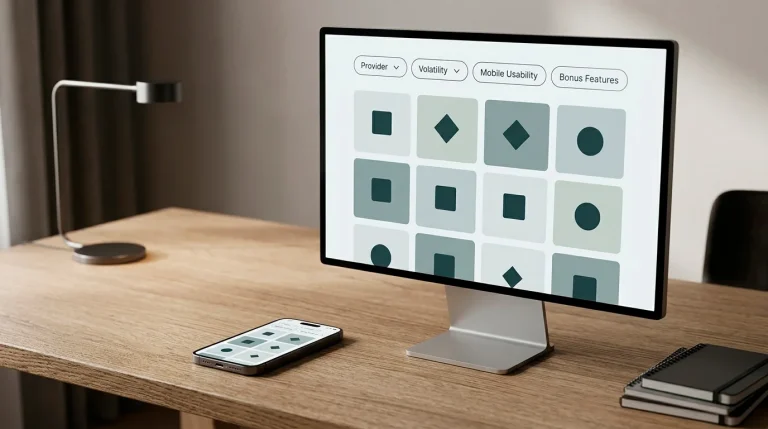 Editorial illustration of a slot grid with filters for provider volatility mobile and bonuses