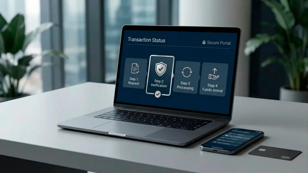 Illustration of a withdrawal request moving through account checks and bank processing